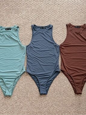Three-Sleeveless Bodysuits — Sage, Slate Blue, Chocolate